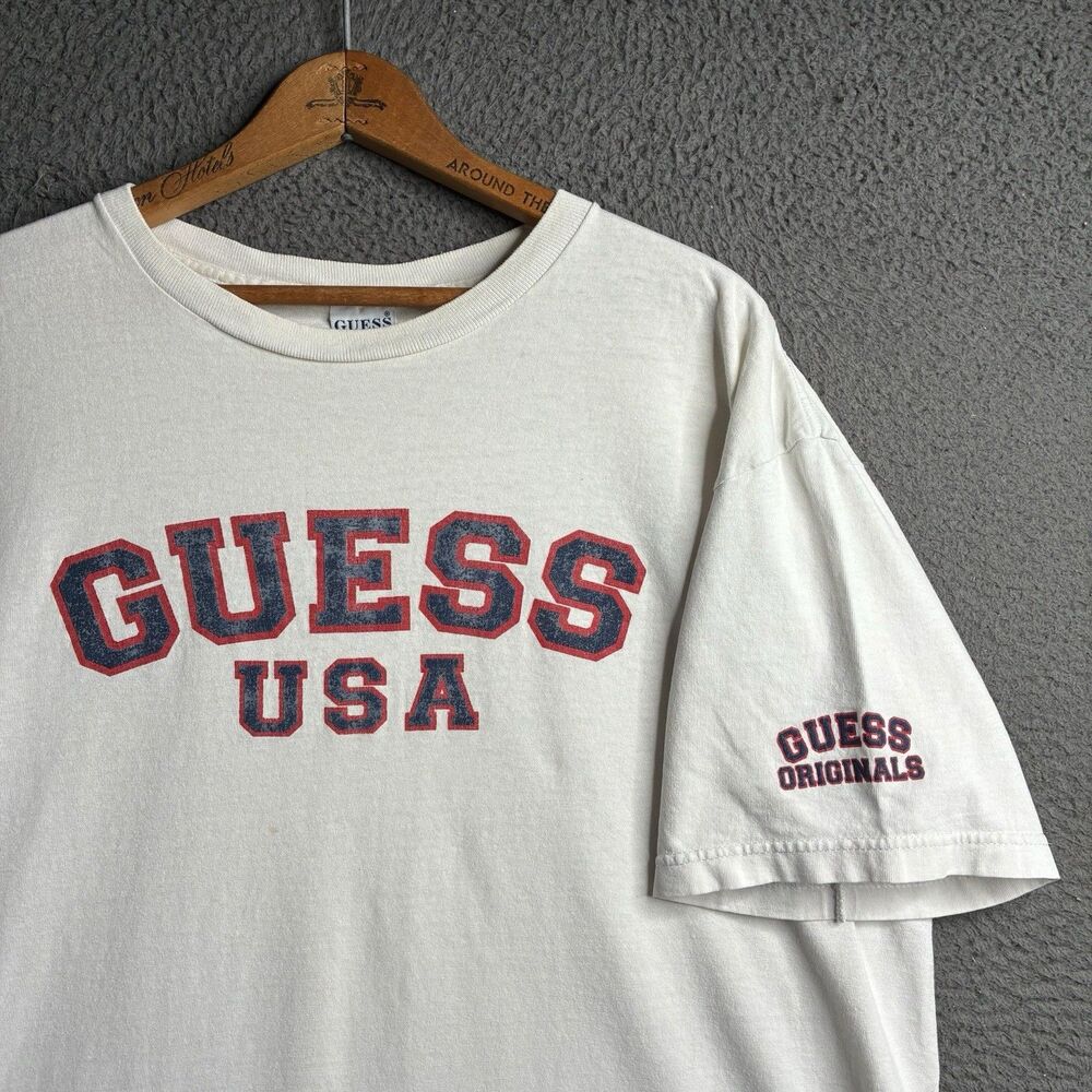 Vintage Made In USA Guess Jeans White Short Sleeve T-shirt Size Mens LARGE